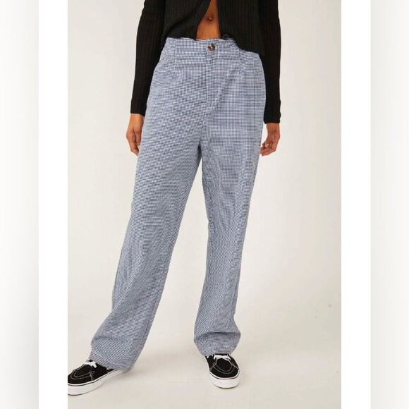 Free People NWT Kate Plaid Straight Leg Navy Size XS - Picture 2 of 13